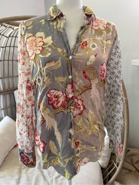 Cino Patchwork Floral Bird‎ Print Button Front Shirt Size Small
